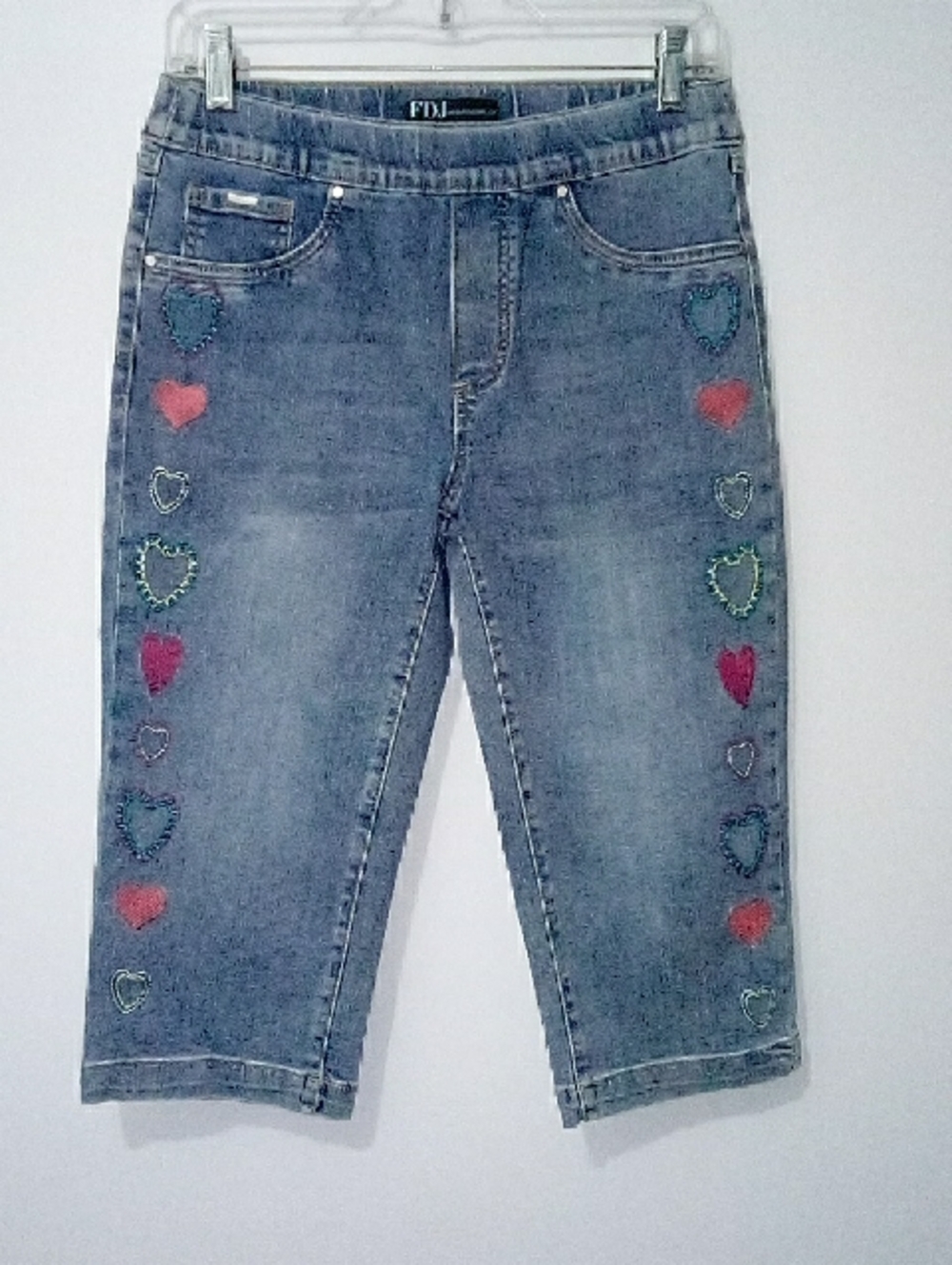FDJ Embroidered Heart Denim Capris - Blue with Multicolor Hearts